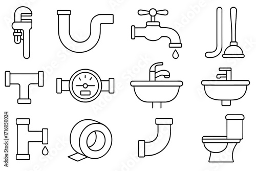 Plumbing service icon set. Plumber tools, bathroom fixtures, and equipment line art. Vector icons for water pipe repair, drain cleaning, leak, and toilet installation.