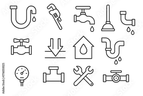 Plumbing service icon set vector line art. Plumber tools equipment outline symbols. Water leak, pipe repair, drainage, sanitation pictogram collection. Faucet, wrench, valve.