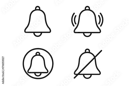 Bell notification vector icon set. Ringing, silent, and new alert line icons. Concept for subscribe, reminder, alarm, sound off. Graphic element for web, app, UI, UX design. Editable stroke.