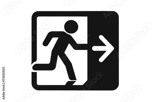 Exit sign icon. Emergency escape symbol with running man pictogram. Safety warning showing the way out through a door with an arrow. Vector for fire evacuation guidance.