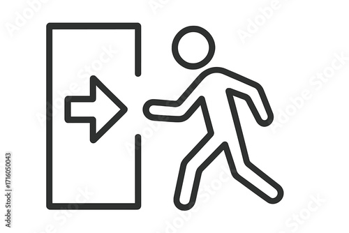 Exit symbol vector icon. Emergency escape or evacuation sign. Man running to a doorway with an arrow. Way out, logout, and departure concept. Safety linear pictogram.