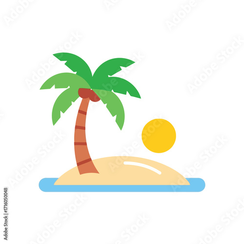 Vector illustration of a stylized flat design illustration of a tropical island with a palm tree and sun, vector illustration of