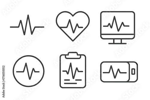Cardiogram pulse icon set. Heartbeat line EKG ECG symbol collection. Health care, medical diagnosis concept. Heart rate monitor screen, vital signs on phone, patient chart.