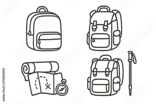 Hiking and camping icon set with backpack, trekking pole, map, and compass. Line art vector illustration for adventure, travel, and school. Editable stroke design.
