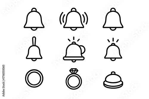 Ring and bell outline icon set. Notification symbol, alarm alert, and service bell. Wedding and engagement ring with diamond. Simple line vector graphic collection.