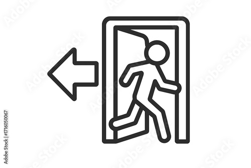 Emergency exit symbol. Man running through open door icon. Evacuation sign concept. Safety, warning and escape route. Person leaving silhouette with arrow direction. Vector.