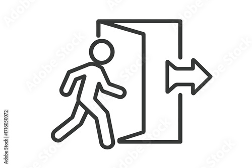 Exit icon. Emergency exit door symbol. Man running to doorway. Evacuation, fire escape, and safety sign concept. Person leaving. Logout and way out vector illustration.