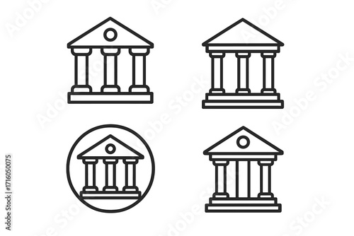 Bank building line icon collection. Courthouse, university, or government building outline vector set. Finance, law, and education symbols for web and infographics. Classic architecture pictogram.