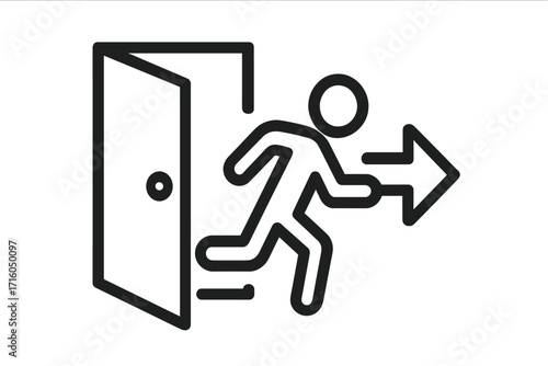 Exit symbol with a man running to an open door. Emergency evacuation sign for public spaces. Way out icon for safety and warning. Escape route pictogram. Vector line art.