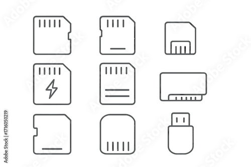 Memory card thin line icon set. SD, micro SD, SIM card and USB flash drive vector icons. Digital data storage and mobile technology concept. Editable stroke for web design.