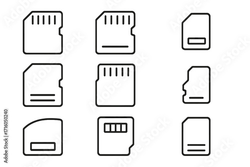 Memory card and flash drive thin line icon set. SD card, micro SD data storage symbols. Digital information, computer memory concept. Outline pictograms for web. Editable stroke.