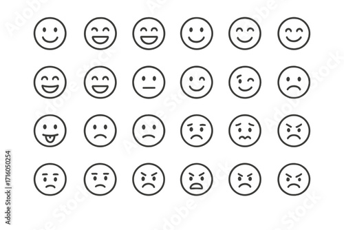Smile face outline icon set. Simple linear emoticon collection showing various emotions. Vector for user feedback, mood, and customer satisfaction. Editable stroke for web & apps.
