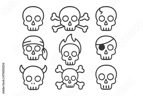 Skull thin line icon set. Vector collection of death symbols like pirate, devil, danger, Jolly Roger. Editable stroke outline illustration for web, apps, and Halloween.