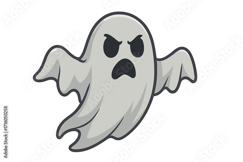 Angry ghost vector icon. Spooky flying phantom monster for Halloween. Scary cartoon character illustration. Evil spirit or poltergeist mascot. Spook horror night creature.