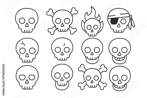 Skull thin line icon set. Skulls and crossbones collection. Human head skeleton symbol. Death, danger, warning, poison sign. Pirate jolly roger. Editable stroke vector pack.
