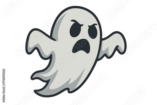 Angry ghost character icon. Spooky Halloween monster vector illustration. Flying phantom for horror design. Cute poltergeist spirit mascot. Isolated paranormal clipart.