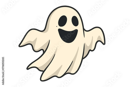 Happy ghost vector icon. Cute flying phantom for Halloween party. Funny spooky monster cartoon illustration. Isolated paranormal spirit character design element for children.