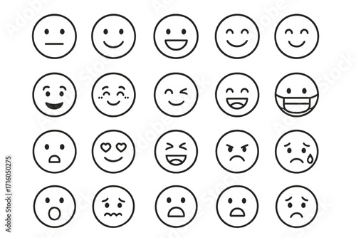 Emoticon line icon set. Smile face collection with various emotions like happy, sad, angry, love. Simple outline emoji symbols for UI, UX, web. Editable stroke vector.