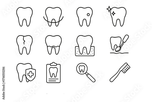 Dental care and stomatology outline icon set. Dentistry, oral hygiene, and tooth treatment concept. Vector collection of linear icons like caries, cleaning, and protection.