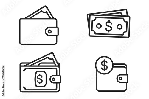 Wallet and money line icon set. Financial concepts collection. Cash, payment, salary, savings and currency symbols. Simple minimal vector illustration with editable stroke.