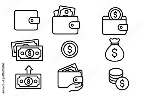 Money and finance simple line icon set. Wallet with cash, dollar coin, and banknote icons. Financial concepts like payment, savings, income, and business pictogram collection.