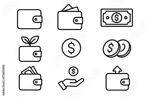 Finance line icon set. Wallet, money, cash, dollar coin. Concepts for savings, investment growth, payment, income, budget. Simple editable stroke vector for web and UI design.