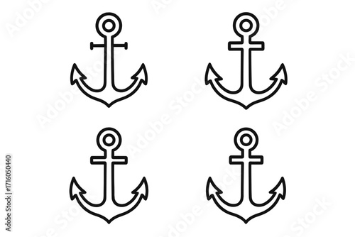 Anchor line icon set. Nautical marine symbol collection. Simple sea, boat, and ship outline icons. Vector pictogram for travel, navy, and maritime design elements.
