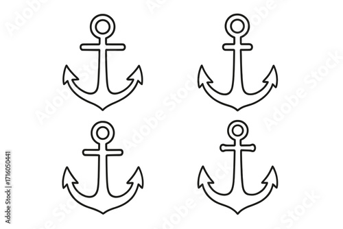 Anchor outline icon set. Nautical marine symbol collection. Simple sea, boat, and ship equipment vector graphic. Concept of stability, safety, travel, and maritime hope.