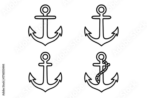 Set of anchor outline icons. Nautical marine symbol collection. Simple ship and boat equipment vector illustration. Sea travel and maritime design element with editable stroke.