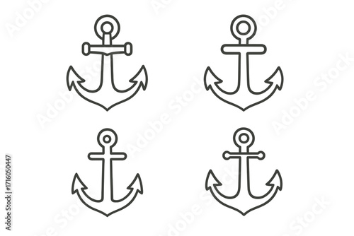 Anchor line icon set. Nautical marine symbol collection. Simple outline vector illustration for boat, ship, and sea themes. Editable stroke for design and infographics.