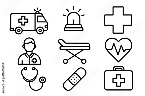 Medical emergency line icon set. Ambulance, paramedic, first aid kit, hospital cross, stretcher, and heartbeat symbols. Health care vector graphics for web and apps.
