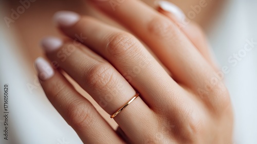 A close-up of a woman's hand showcasing a delicate gold ring on her finger, with manicured nails in soft pastel tones.
