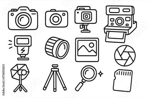 Photography and videography doodle icon set. Hand drawn line art vector collection of photographer equipment. Camera, lens, tripod, flash, memory card, action cam symbols.