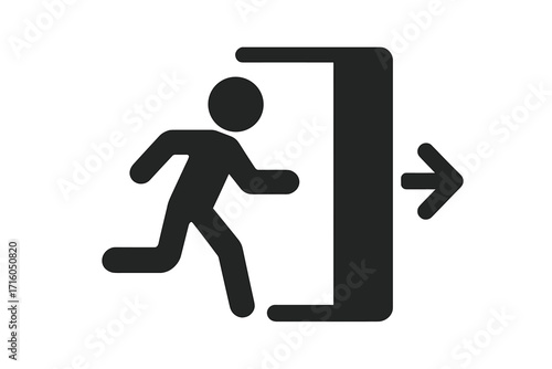 Exit symbol with running man icon. Emergency evacuation sign with person running to an open door. Way out pictogram. Escape route vector illustration. Safety information concept.