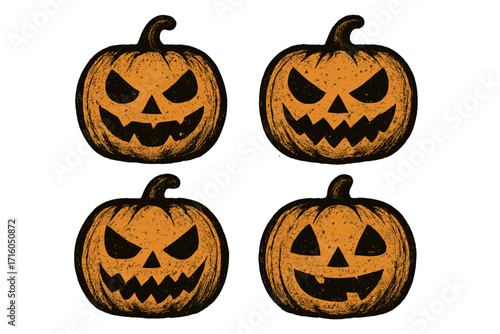 Halloween pumpkin icon set. Grunge style vector cartoon illustration. Spooky jack-o'-lantern faces with scary and evil smiles. Isolated hand-drawn sketch collection.