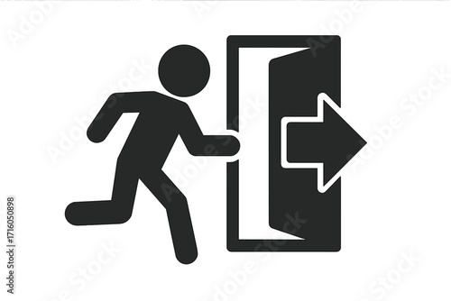 Emergency exit symbol. Man running to open door icon. Evacuation sign. Escape route concept. Person leaving, hurry, rush to safety. Way out pictogram silhouette vector.