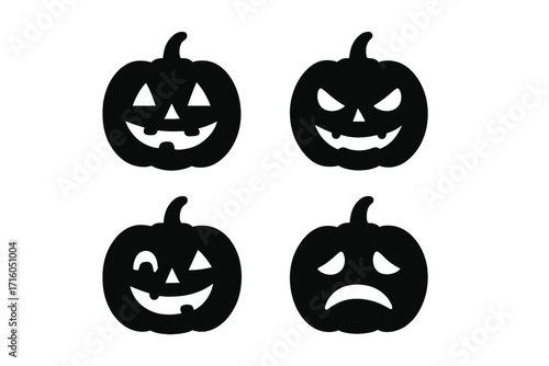 Halloween pumpkin icon set. Jack o lantern silhouette with carved faces. Spooky, happy, evil, and sad emotion expressions. Black vector graphic symbol for autumn holiday design.