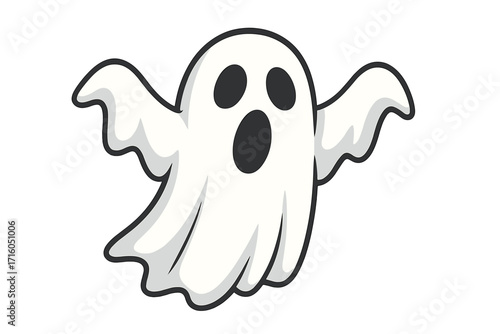 Ghost icon vector illustration. Flying phantom for Halloween. Spooky monster character in cute cartoon style. Frightening spirit or poltergeist apparition design element.