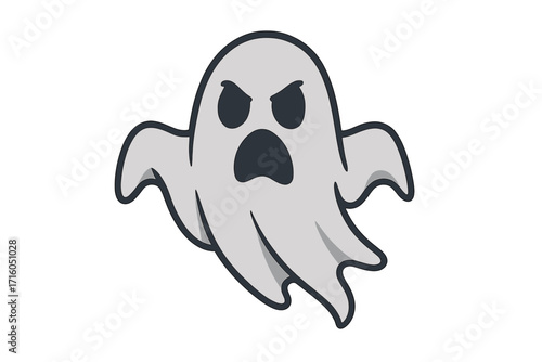 Ghost icon, flying phantom illustration. Spooky Halloween monster character. Angry evil spirit mascot. Scary horror creature vector graphic for spooky party invitation design.