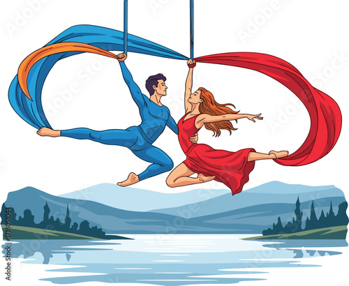 Aerial silks, performers, lake, mountains, synchronized pose, red dress, blue outfit, nature, acrobatics, elegance, athleticism, art, scenic, outdoor, performance, duo, silks, trees, sky, dramatic