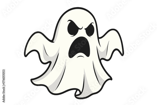 Angry ghost vector illustration. Flying phantom character for Halloween. Spooky monster icon with a scary face. Cartoon spirit isolated on a white background. Boo concept.