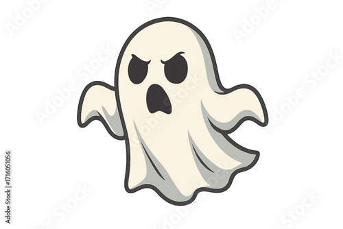 Angry ghost vector icon. Flying phantom monster for Halloween. Spooky cartoon character illustration. Scary poltergeist or ghoul spirit mascot design element. Boo.