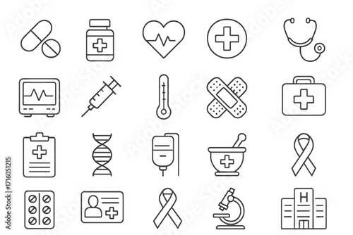 Medical and healthcare line icon set. Vector symbols for medicine, hospital, clinic, and pharmacy. Contains pill, syringe, stethoscope, DNA, and first aid icons for design.