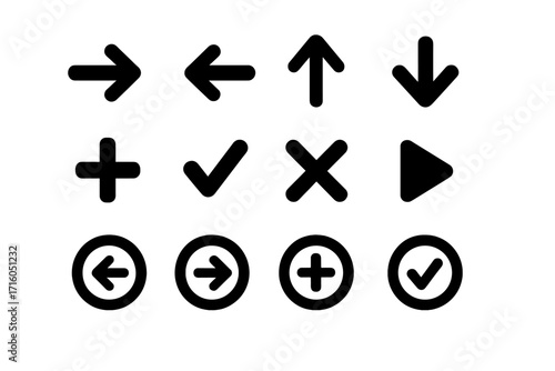 User interface icon bundle for web and mobile app design. Vector graphic set with essential symbols like arrows, plus, check, cross, and play for UI/UX navigation and buttons.