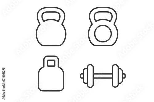 Kettlebell and dumbbell thin line icon set. Vector pictogram bundle for fitness, gym, and workout concepts. Simple weight and strength training outline symbols. Editable stroke.