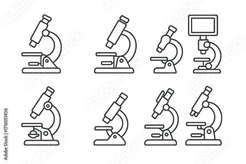 Microscope line icon set for science and research. Laboratory equipment symbol collection. Biology, chemistry, and medicine concept. Digital and optical microscope vector icons.