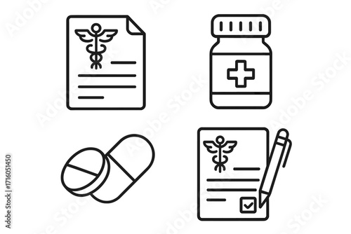 Medical prescription icon set with editable stroke. Pharmacy and healthcare concept. Vector line art includes medicine bottle, pills, doctor recipe, and caduceus symbol.