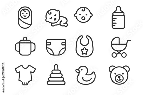 Newborn baby line icon collection. Vector pictogram set of infant care items: bottle, diaper, stroller, toy. For baby shower and parenting graphics. Editable stroke symbols.