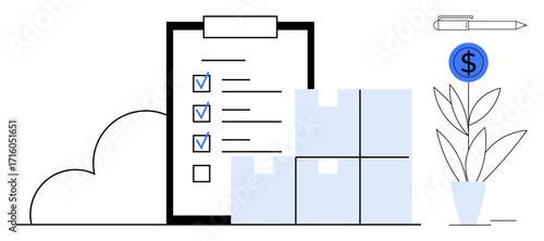 Clipboard with checklist, boxes, plant, pen, and currency sign conveying planning, logistics, inventory, organization business strategy workflow optimization and financial tracking. Simple flat