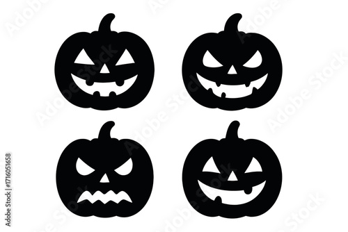 Halloween pumpkin icon set, grunge style vector cartoon illustration with transparent background, spooky jack-o'-lantern faces, ordered collection, Halloween decoration elements